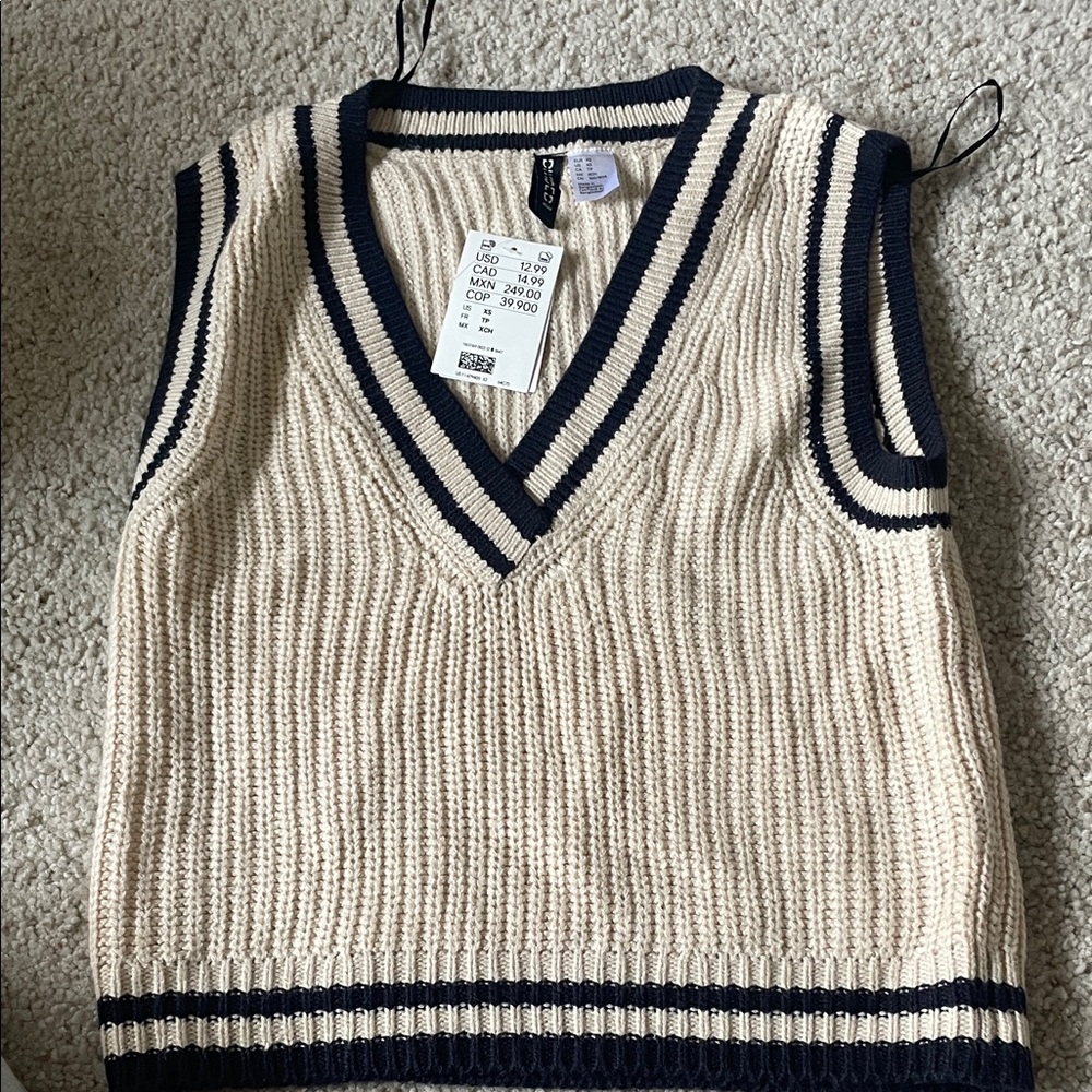 Cream Knit V-Neck Sweater Vest with Navy Trim